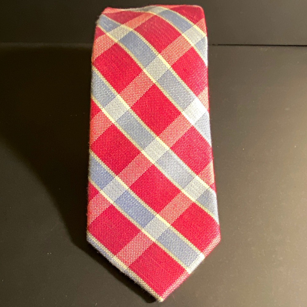 Tommy Hilfiger Plaid Check Red Blue Beige Linen Silk Woven Classic Men's Tie